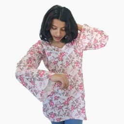 Women's White & Pink Floral Muslin Top with Bell Sleeves | Lightweight Printed Top | Evorece - view 2