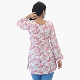 Women's White & Pink Floral Muslin Top with Bell Sleeves | Lightweight Printed Top | Evorece - view 4