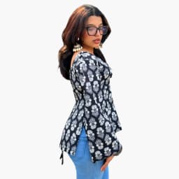 Women's Black Cotton Muslin Printed Top with Adjustable Neck & Tie-Back Waist | Evorece - view 2