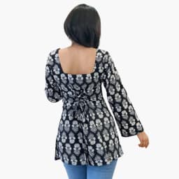 Women's Black Cotton Muslin Printed Top with Adjustable Neck & Tie-Back Waist | Evorece - view 3