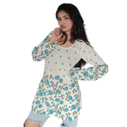 Women's White & Blue Floral Cotton Short Kurti | Printed Casual Ethnic Top | Evorece - view 1