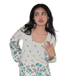 Women's White & Blue Floral Cotton Short Kurti | Printed Casual Ethnic Top | Evorece - view 2