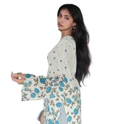 Women's White & Blue Floral Cotton Short Kurti | Printed Casual Ethnic Top | Evorece - view 3