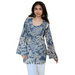 Women's Blue Cotton Printed Kurti with Bell Sleeves | Casual Ethnic Top | Evorece - view 1