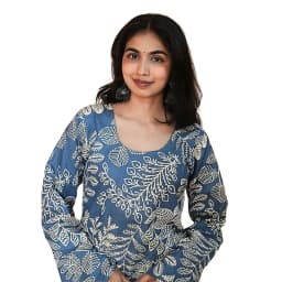 Women's Blue Cotton Printed Kurti with Bell Sleeves | Casual Ethnic Top | Evorece - view 2