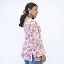Women's White & Pink Floral Muslin Top with Bell Sleeves | Lightweight Printed Top | Evorece - view 3