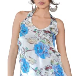 Women's White Floral Muslin Halter Neck Kurti | Sleeveless Printed Summer Kurti | Evorece - view 2