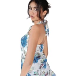 Women's White Floral Muslin Halter Neck Kurti | Sleeveless Printed Summer Kurti | Evorece - view 3