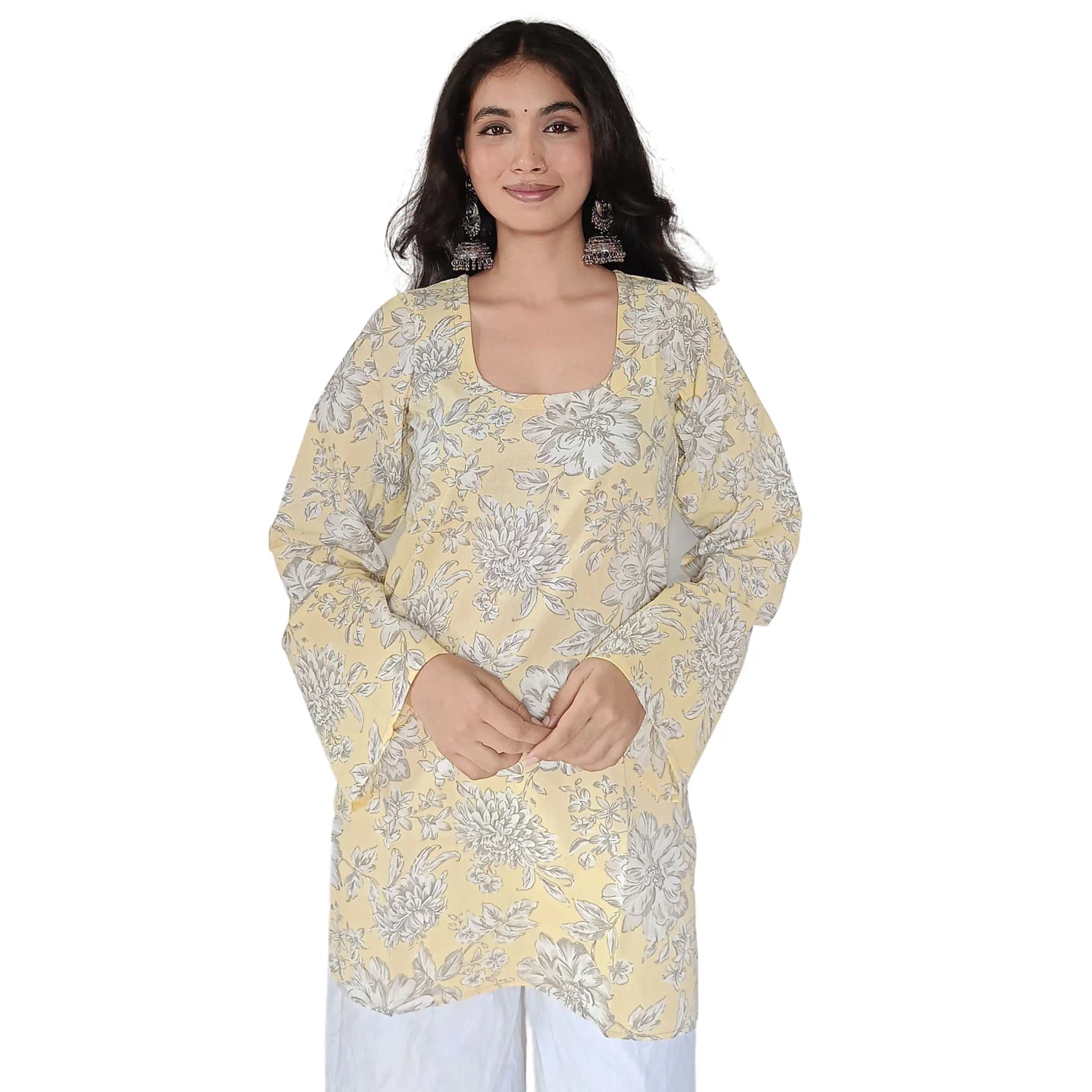 Women's Pastel Yellow Floral Cotton Kurti with Bishop Sleeves | Evorece