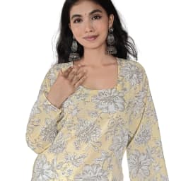 Women's Pastel Yellow Floral Cotton Kurti with Bishop Sleeves | Evorece - view 2