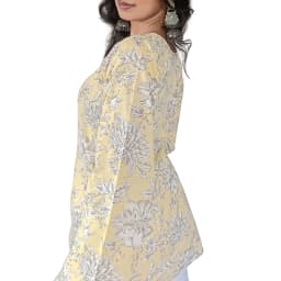 Women's Pastel Yellow Floral Cotton Kurti with Bishop Sleeves | Evorece - view 3