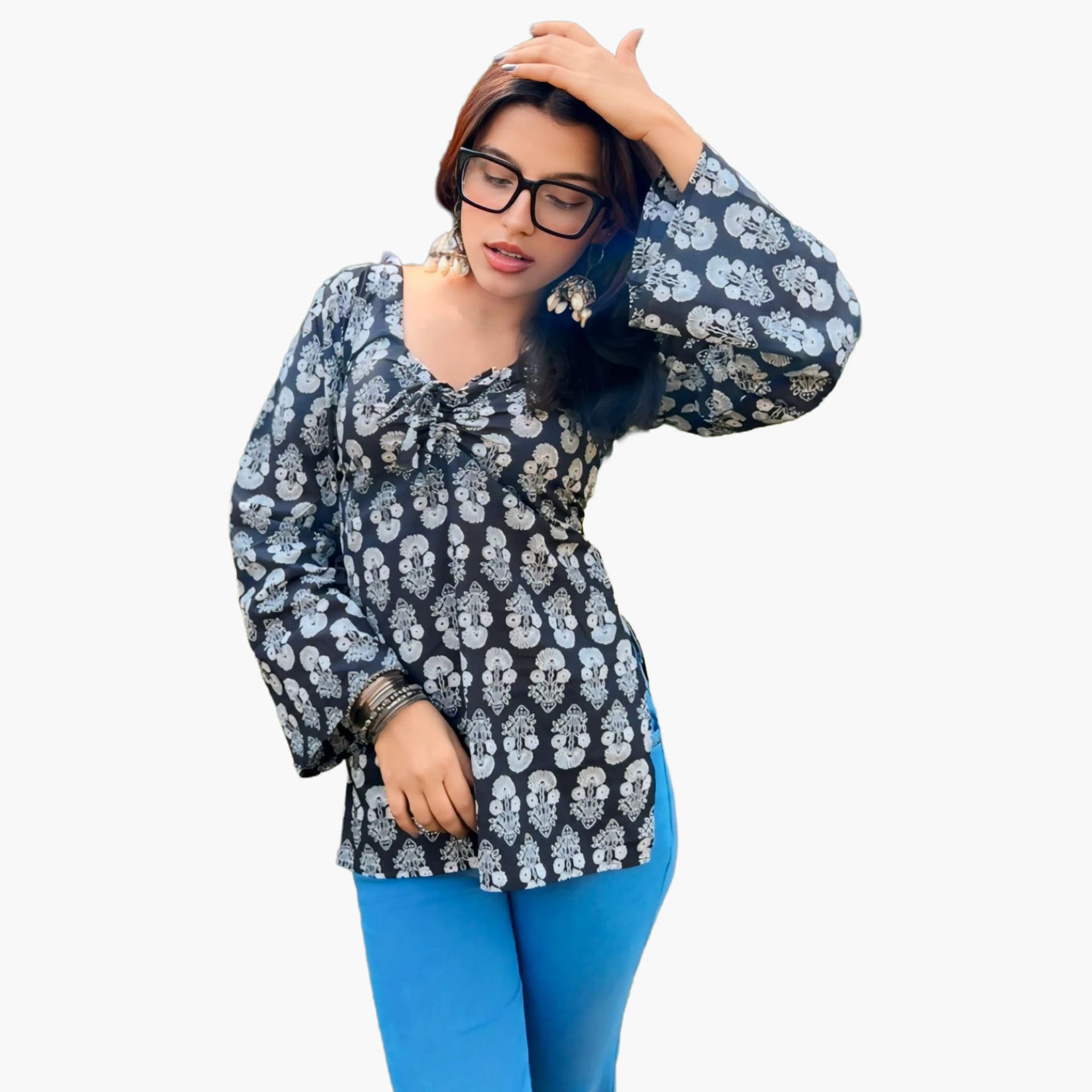 Women's Black Cotton Muslin Printed Top with Adjustable Neck & Tie-Back Waist | Evorece