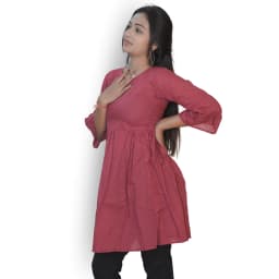 Women's Rose Pink Cotton Flared Peplum Top with Bell Sleeves | Evorece - view 2