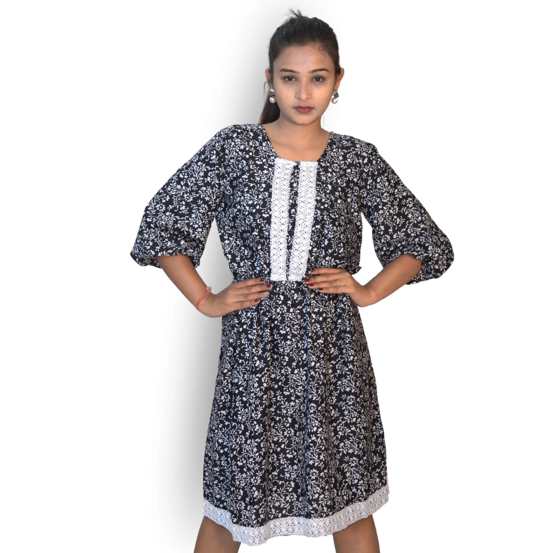 Women's Black Floral Cotton Flared Kurti Dress with Puff Sleeves | Evorece