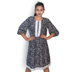 Women's Black Floral Cotton Flared Kurti Dress with Puff Sleeves | Evorece - view 1