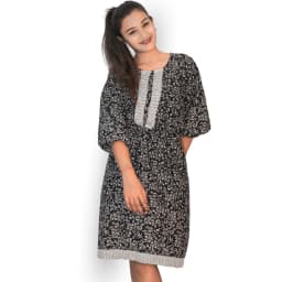 Women's Black Floral Cotton Flared Kurti Dress with Puff Sleeves | Evorece - view 3