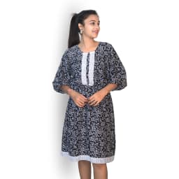 Women's Black Floral Cotton Flared Kurti Dress with Puff Sleeves | Evorece - view 2