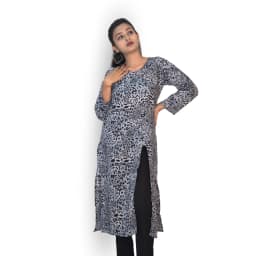 Women's Grey Muslin Printed Straight Kurti with Front Slit | Evorece - view 3