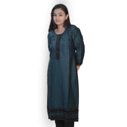 Women's Teal Green Cotton Straight Kurti with Black Lace Detail | Evorece - view 2