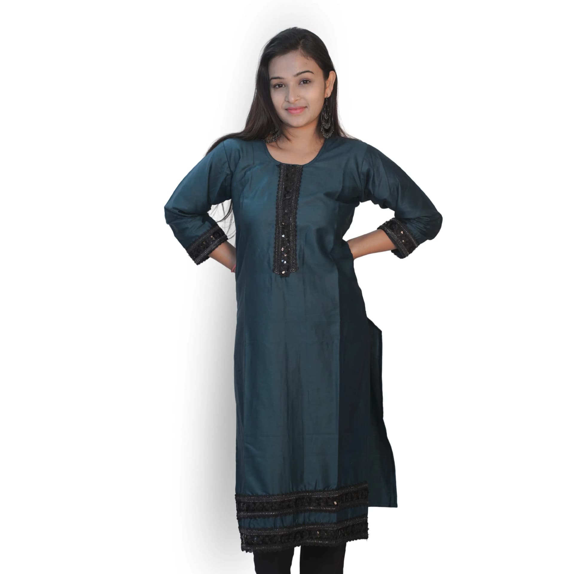 Women's Teal Green Cotton Straight Kurti with Black Lace Detail | Evorece