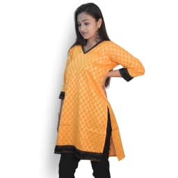 Women's Mustard Cotton Short Kurti with V-Neck & Lace Detail | Evorece - view 2