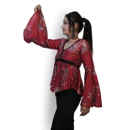 Women's Maroon Floral Cotton Peplum Top with Bell Sleeves | Evorece - view 2
