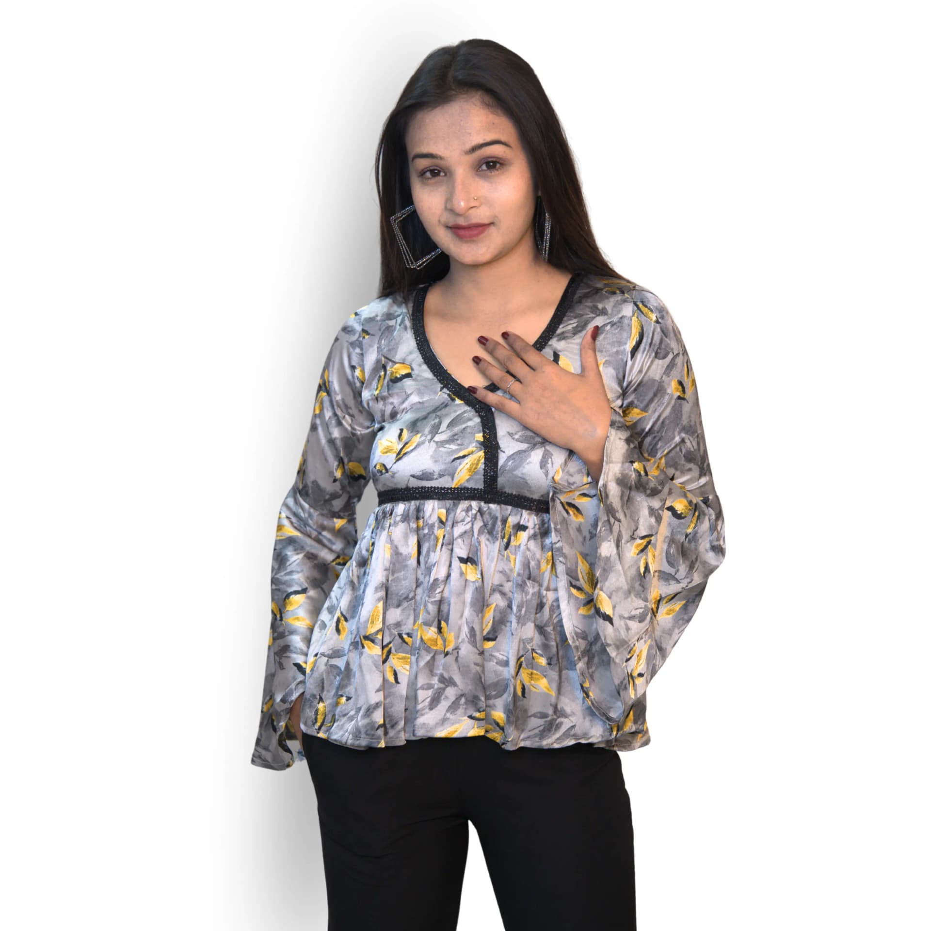 Women's Grey Floral Mixed Cotton Peplum Top with V-Neck | Evorece