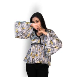Women's Grey Floral Mixed Cotton Peplum Top with V-Neck | Evorece - view 3