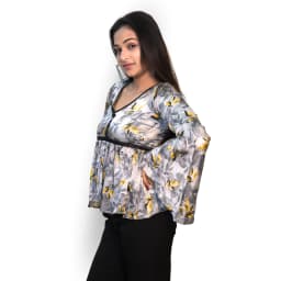 Women's Grey Floral Mixed Cotton Peplum Top with V-Neck | Evorece - view 2