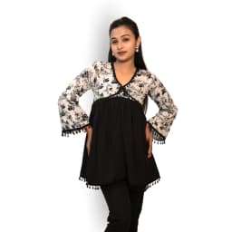 Women's Black & White Cotton Flared Peplum Top with Floral Print | Evorece - view 1