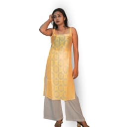 Women's Yellow Rayon Kurta Set with White Palazzo | Sleeveless Ethnic Co-ord Set | Evorece - view 3