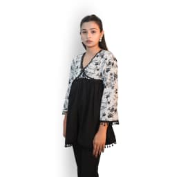 Women's Black & White Cotton Flared Peplum Top with Floral Print | Evorece - view 2