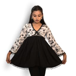 Women's Black & White Cotton Flared Peplum Top with Floral Print | Evorece - view 3