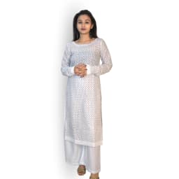 Women's White Chikankari Kurta Set with Palazzo | Cotton Ethnic Co-ord Set | Evorece - view 3