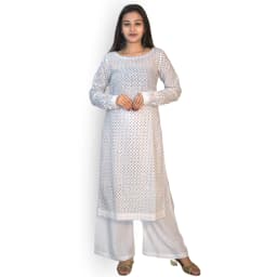 Women's White Chikankari Kurta Set with Palazzo | Cotton Ethnic Co-ord Set | Evorece - view 1