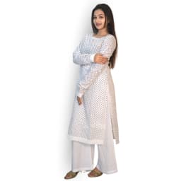 Women's White Chikankari Kurta Set with Palazzo | Cotton Ethnic Co-ord Set | Evorece - view 2