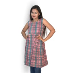 Women's Pink Checked Cotton Flared Kurti Dress | Sleeveless Casual Wear | Evorece - view 3