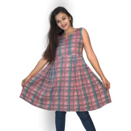 Women's Pink Checked Cotton Flared Kurti Dress | Sleeveless Casual Wear | Evorece - view 1