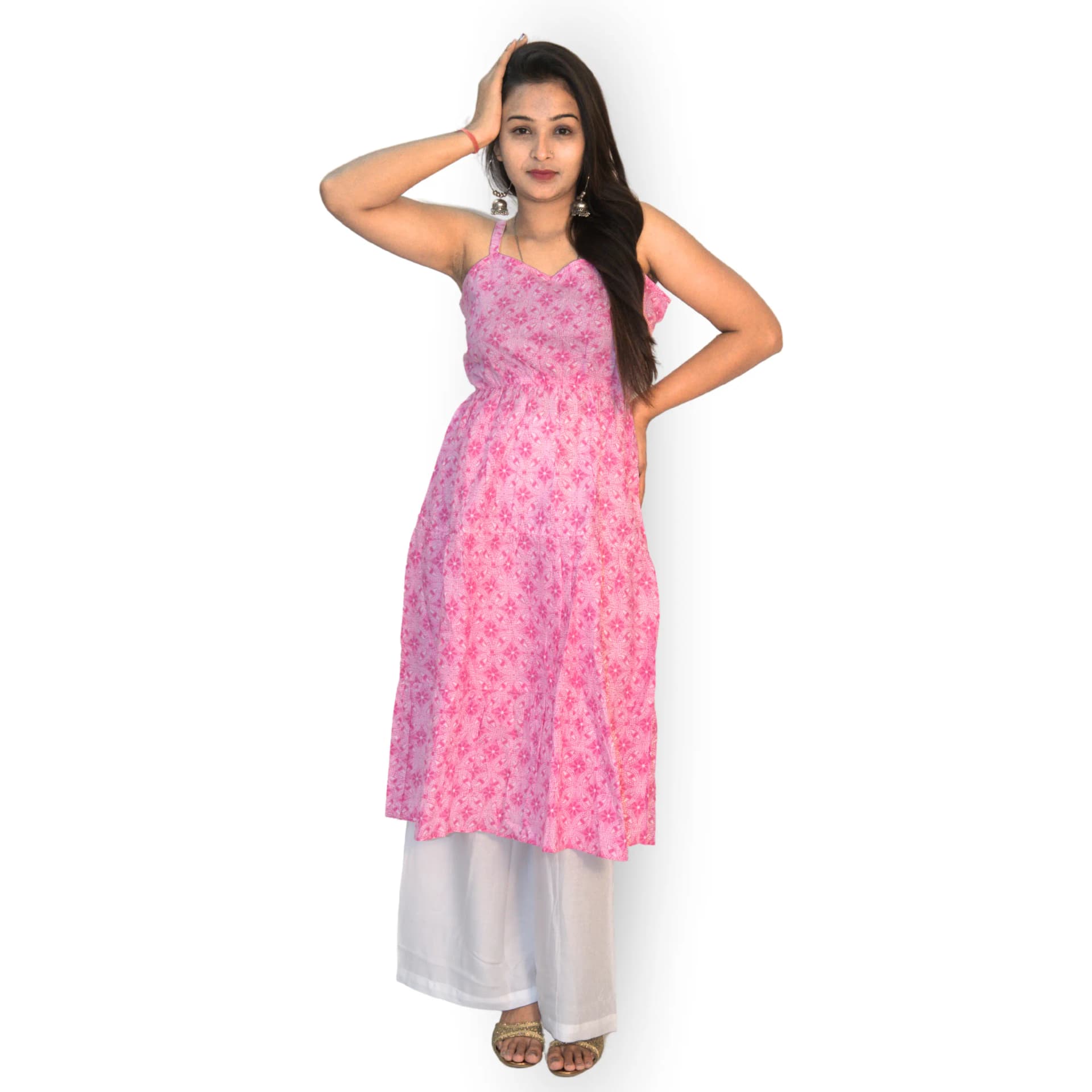 Women's Pink Cotton Flared Maxi Kurti | Sleeveless Ethnic Summer Wear | Evorece