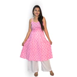 Women's Pink Cotton Flared Maxi Kurti | Sleeveless Ethnic Summer Wear | Evorece - view 3
