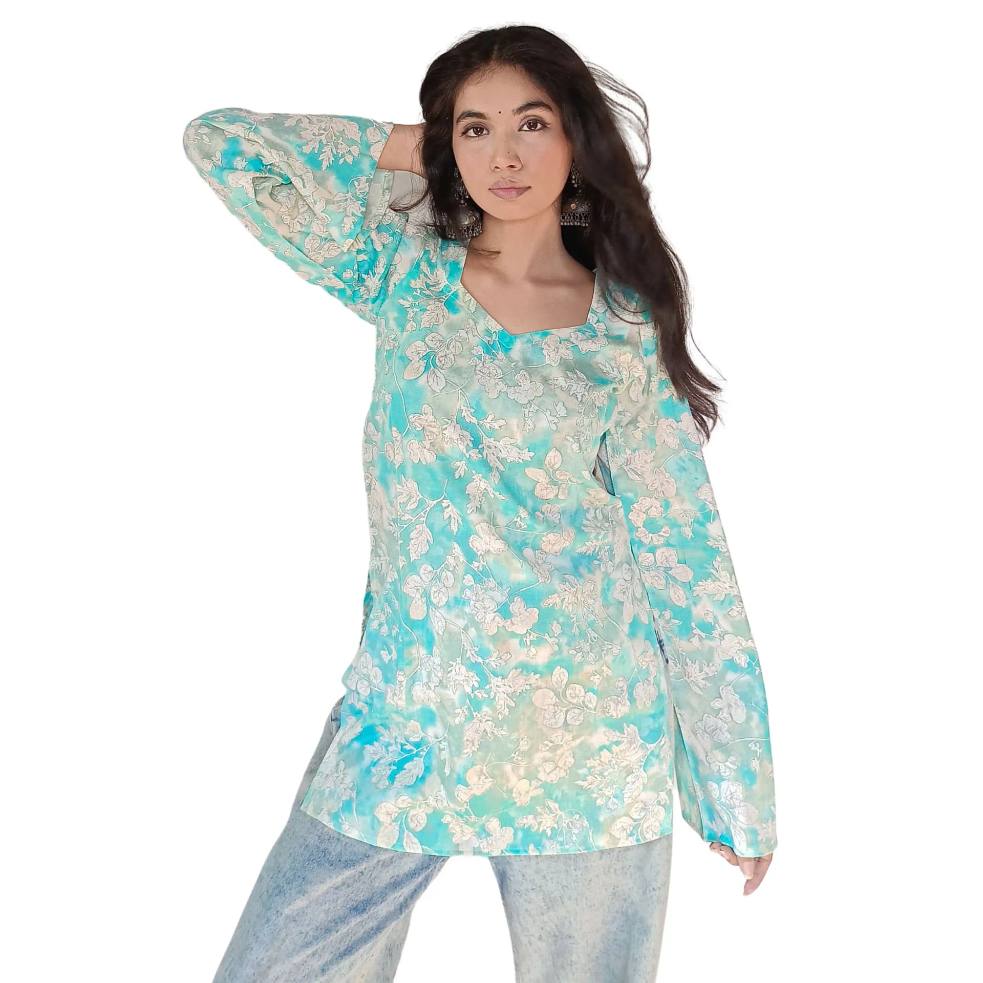 Women's Aqua Blue Floral Rayon Short Kurti | Printed Casual Top | Evorece