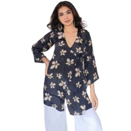 Women's Black Muslin Floral Wrap Kurti | V-Neck Tie-Waist Printed Kurti | Evorece - view 1
