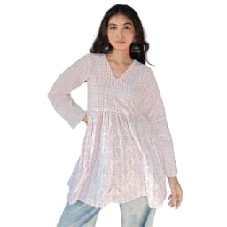 Women's Blush Pink Cotton Flared Peplum Short Kurti with V-Neck | Evorece - view 1