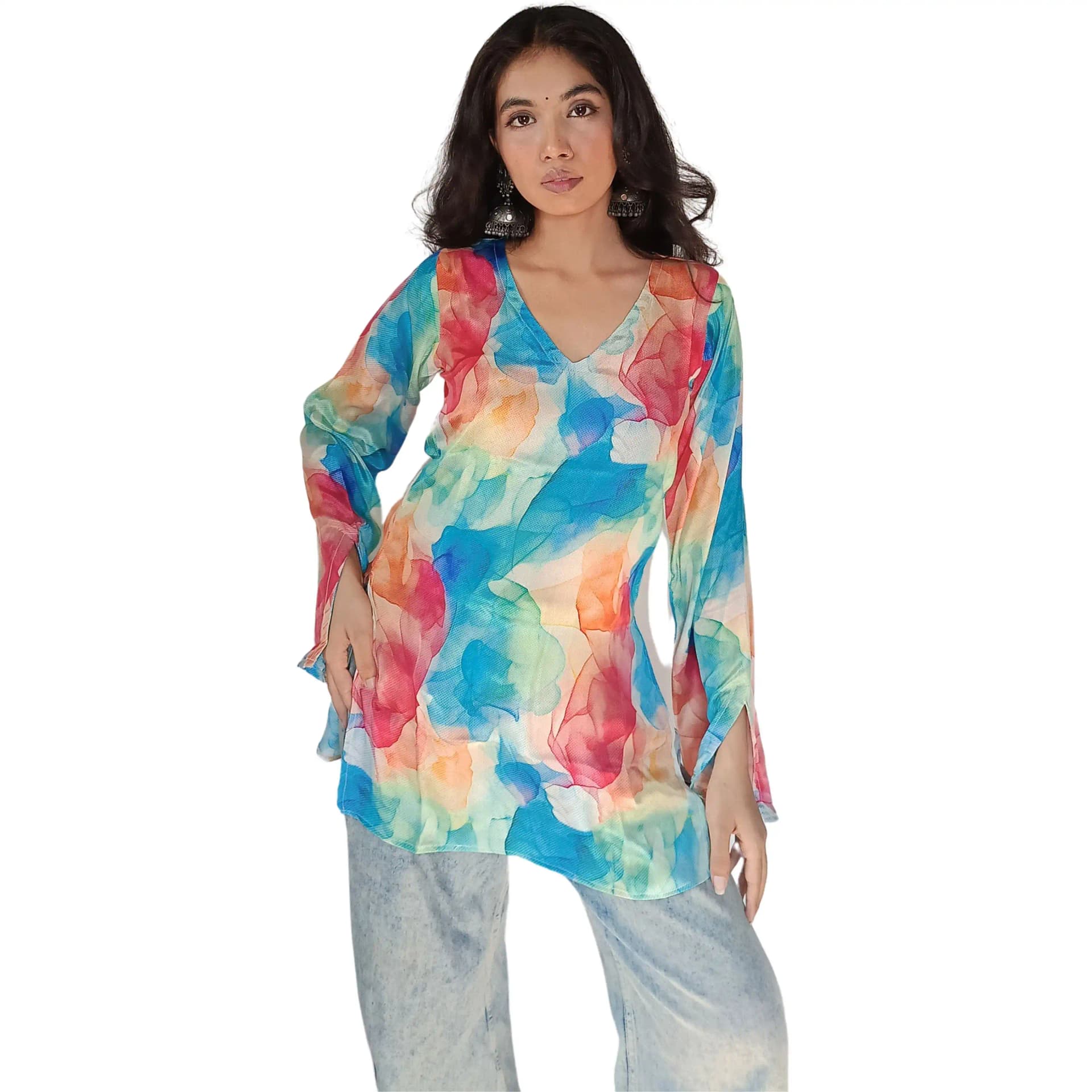 Women's Multicolor Abstract Muslin Top with Slit Sleeves | Printed Casual Top | Evorece