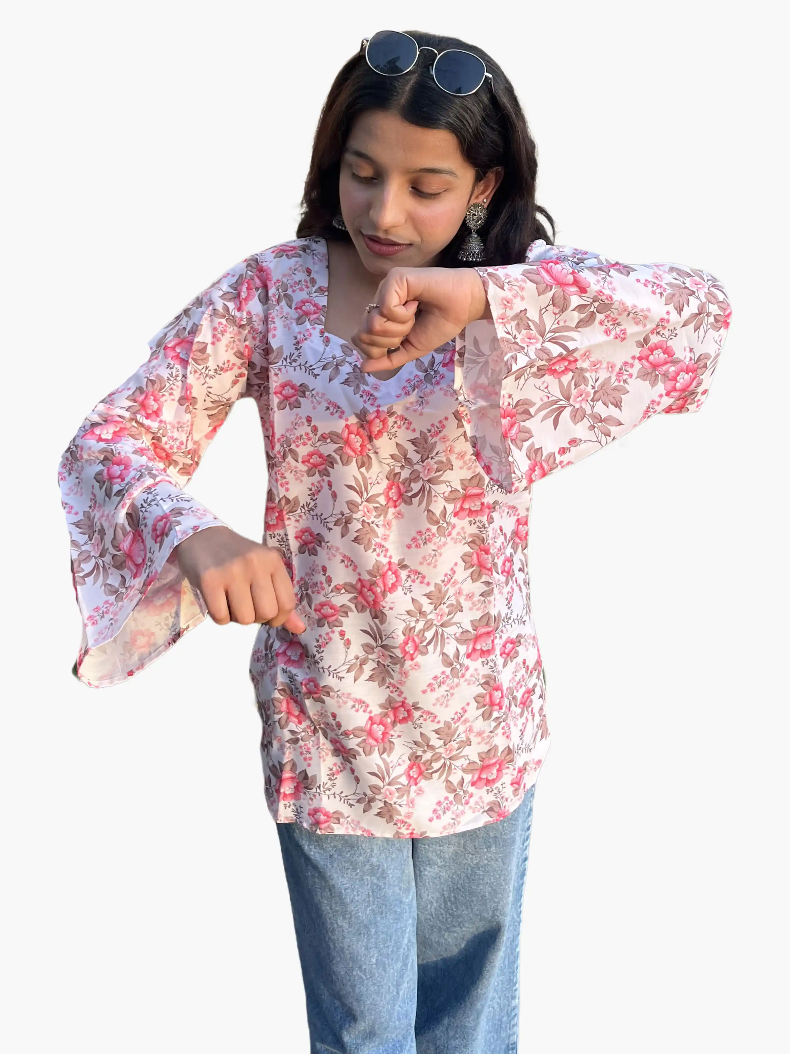 Women's White & Pink Floral Muslin Top with Bell Sleeves | Lightweight Printed Top | Evorece