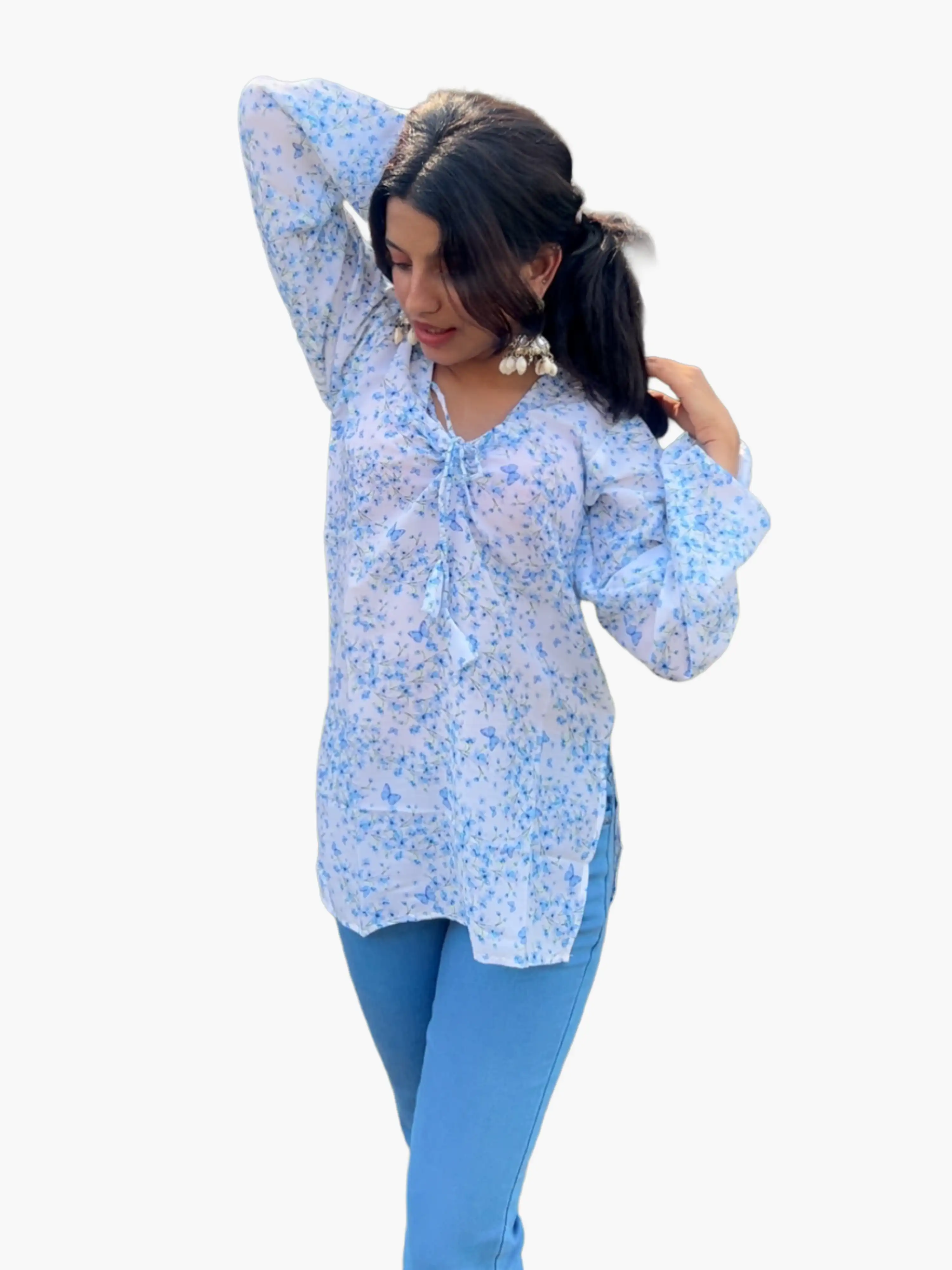 Women's Sky Blue Floral Muslin Short Kurti | Lightweight Printed Casual Top | Evorece