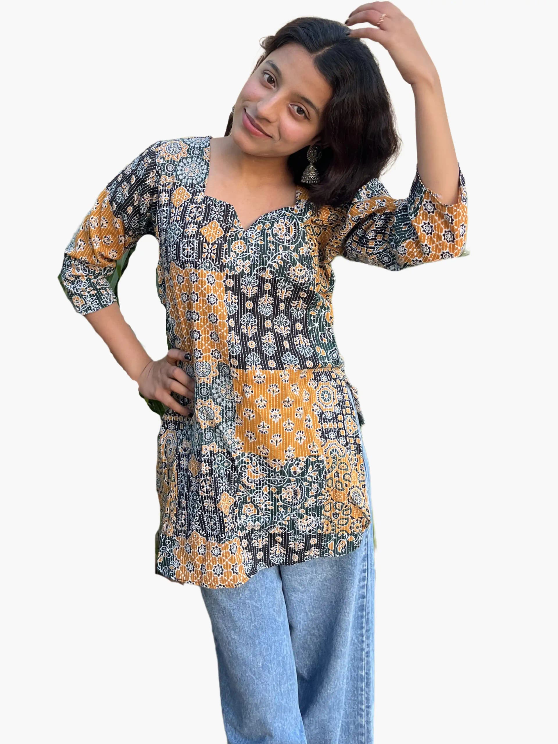 Women's Kalamkari Cotton Short Kurti | Multicolor Printed Casual Ethnic Top | Evorece
