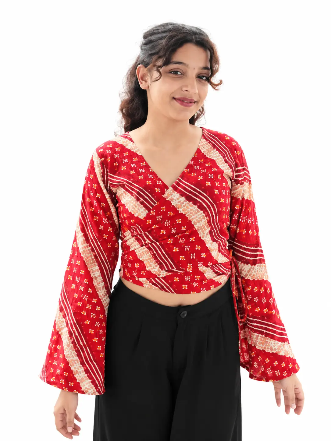 Evorece Women's Red Printed Wrap Crop Top with Bell Sleeves