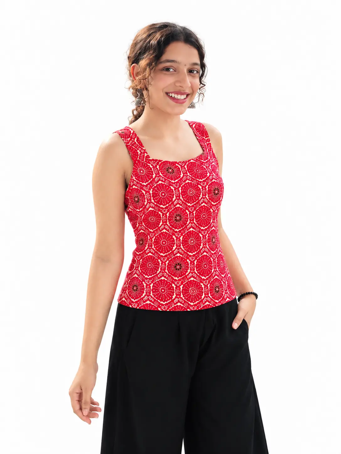 Evorece Women's Red Ethnic Printed Sleeveless Top with Lace-Up Back
