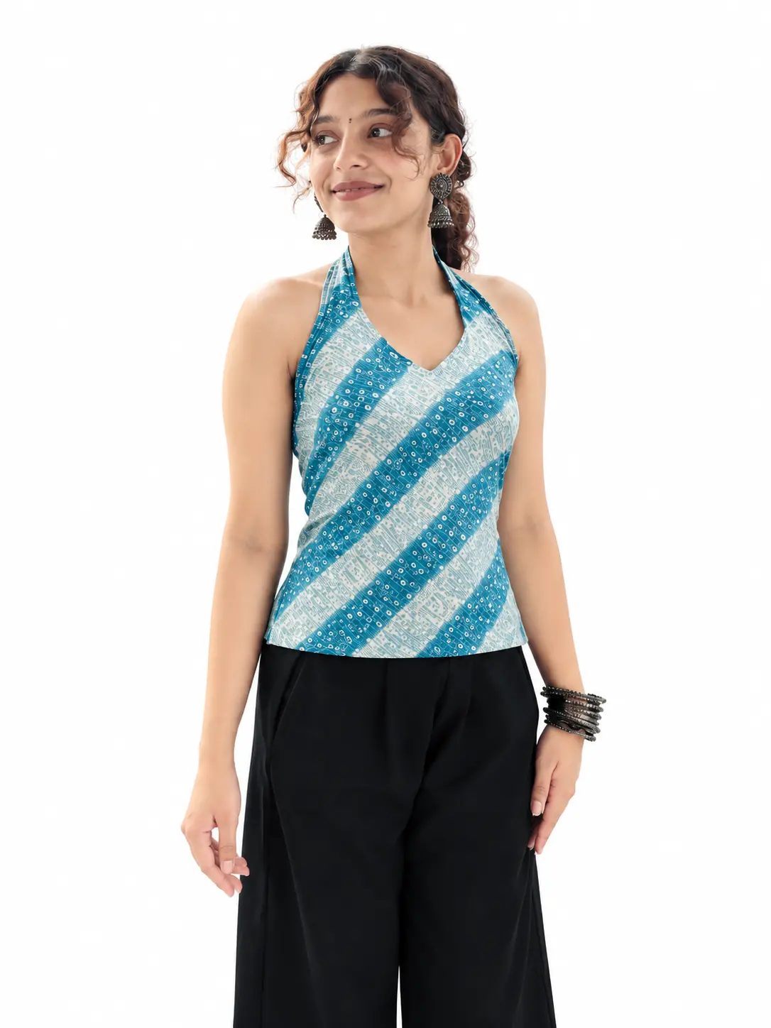 Evorece Women's Blue & White Printed Halter Neck Top with Tie-Up Back